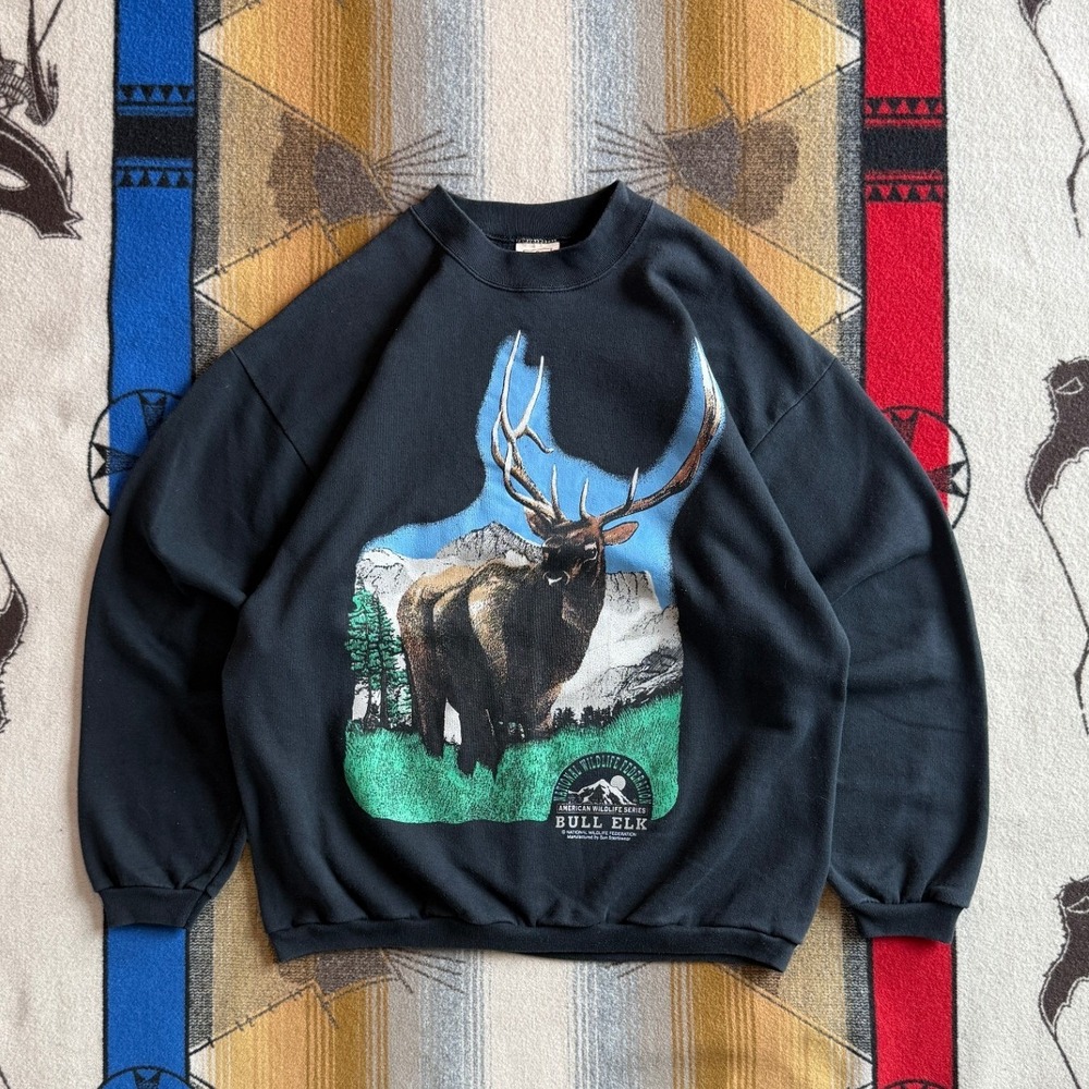 Vintage National Wildlife Federation Bull Elk Sweatshirt XL Black 90s USA Made